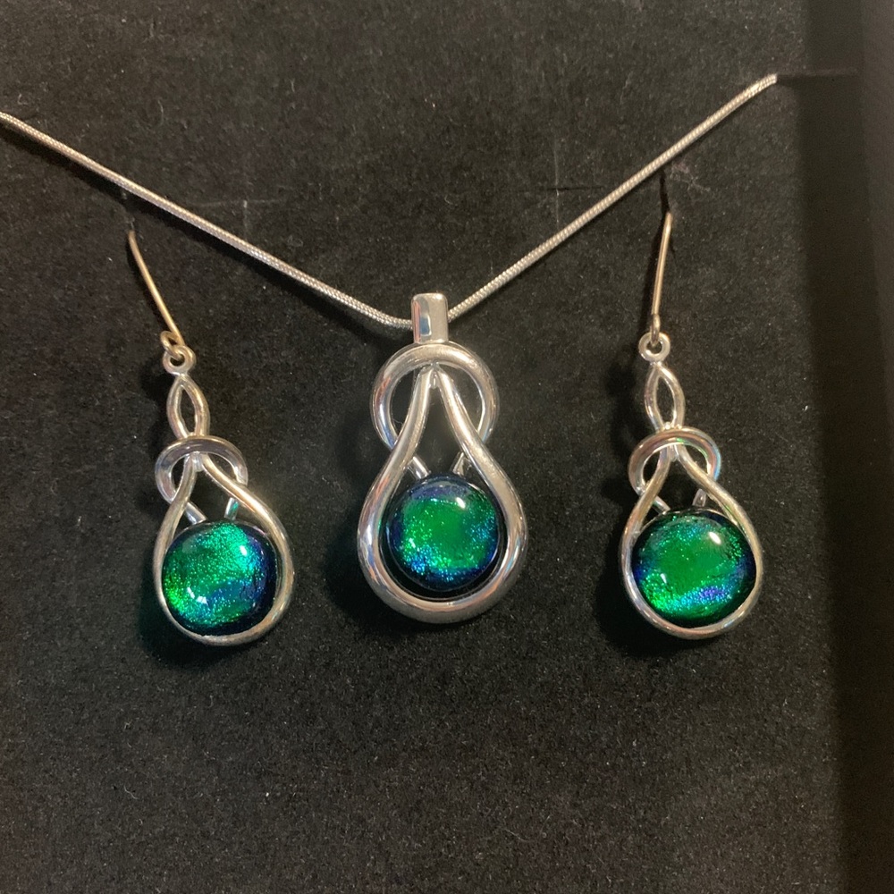 Green and blue dichroic glass jewelry set